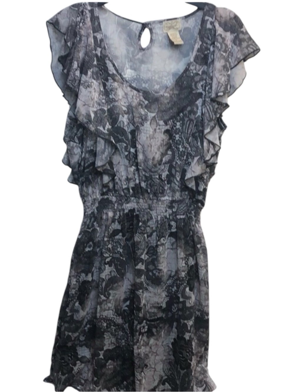 Women’s Gray Black Floral Ruffle Chiffon Dress Boho Size S